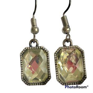 Emerald Radiant Cut Yellow Topaz Crystal Earrings Silver Tone Plated Dangle
